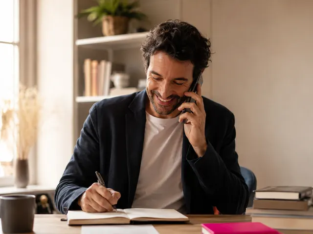 Un professionnel rédige une présentation, téléphone à l’oreille